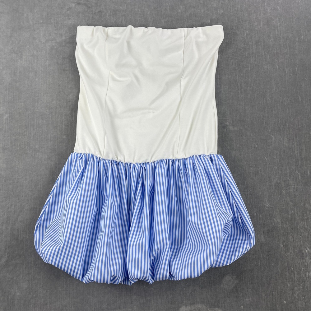 Kali‎ Fashions Women Medium White Blue Striped Bubble Hem Strapless Mini Dress